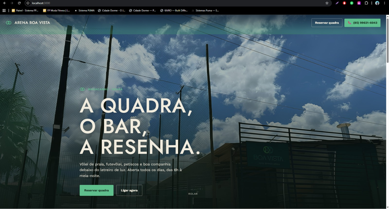 Site da Arena Boa Vista com fotografia da quadra e acesso às reservas